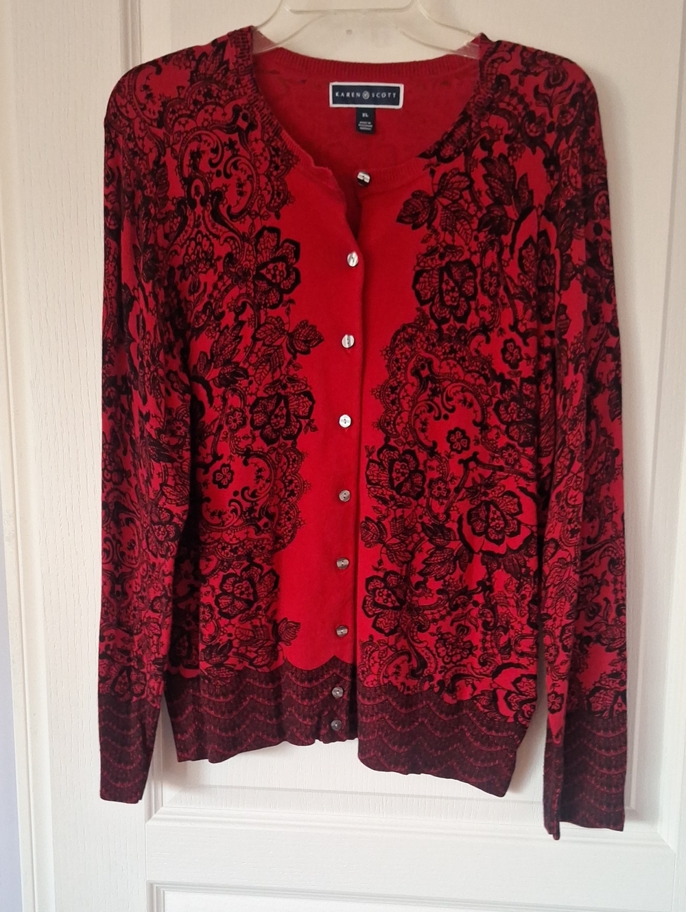 Karen Scott Red and Black Floral Button-Front Cardigan